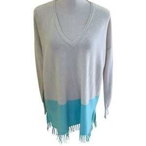Lilly Pulitzer "Alessandra" Oatmeal/Turquoise Cashmere Fringed Tunic Sweater